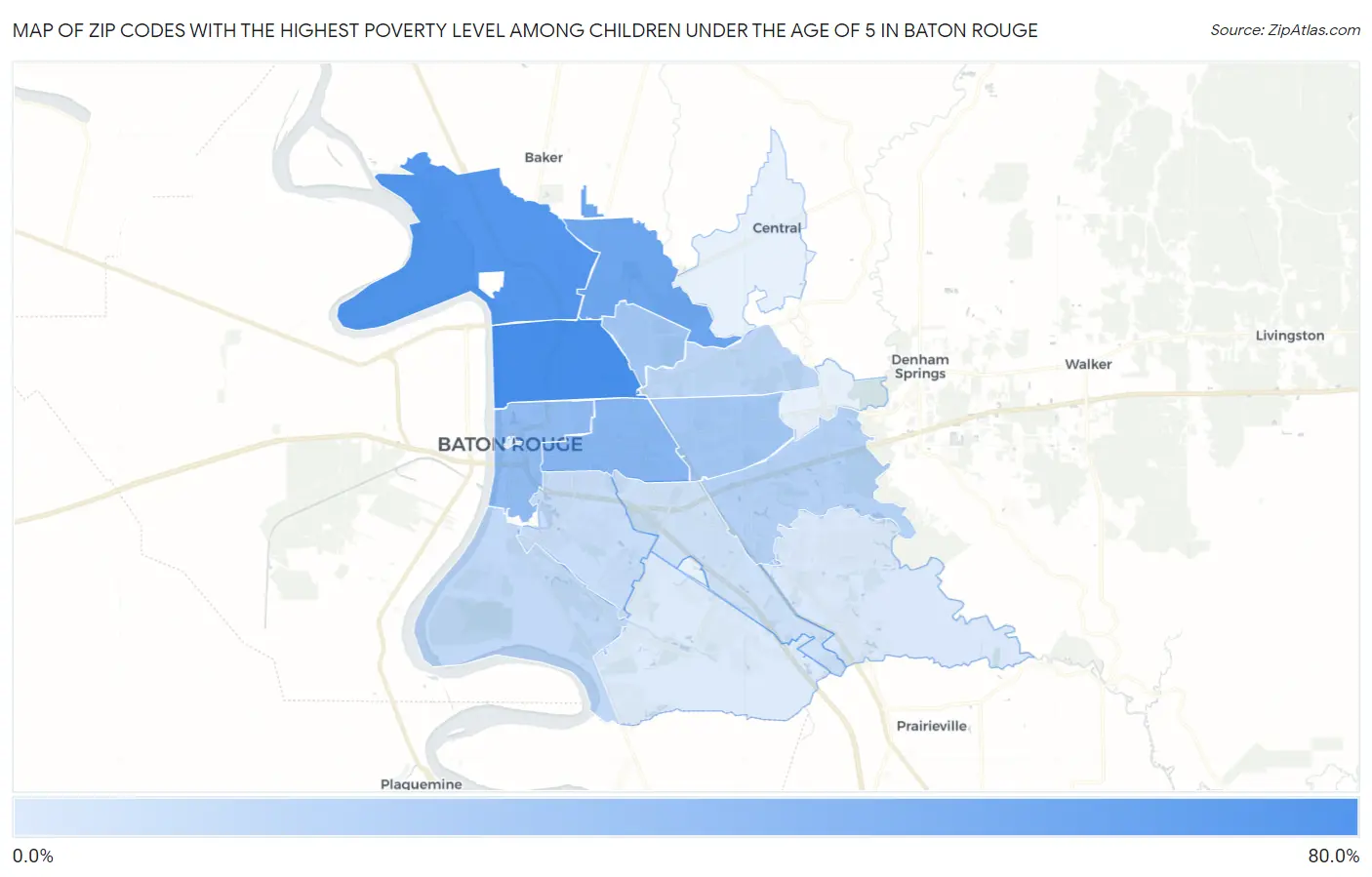 Zip Codes with the Highest Poverty Level Among Children Under the Age of 5 in Baton Rouge Map