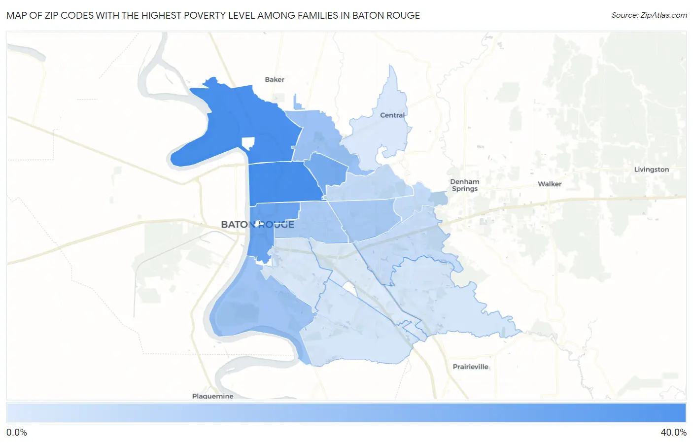 Zip Codes with the Highest Poverty Level Among Families in Baton Rouge Map
