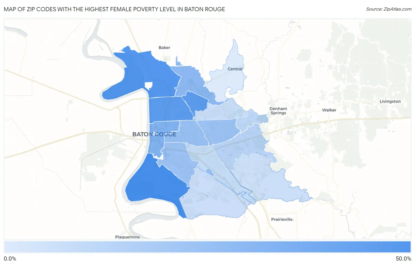 Zip Codes with the Highest Female Poverty Level in Baton Rouge Map