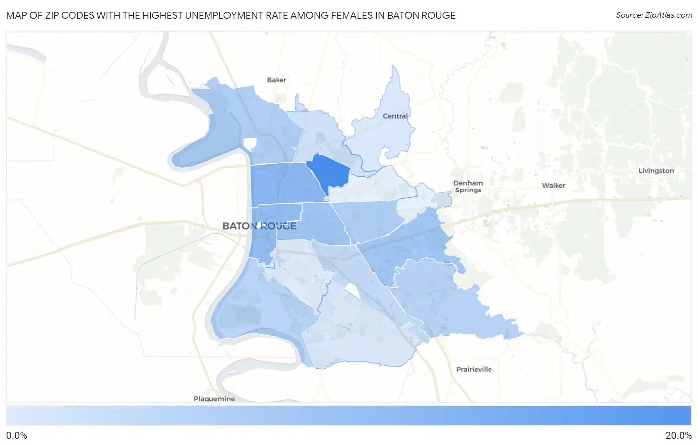 Zip Codes with the Highest Unemployment Rate Among Females in Baton Rouge Map