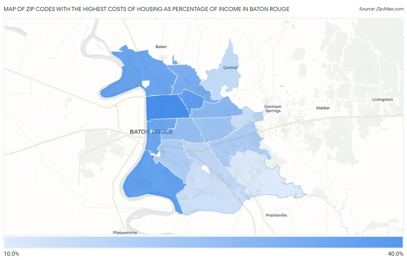 Zip Codes with the Highest Costs of Housing as Percentage of Income in Baton Rouge Map