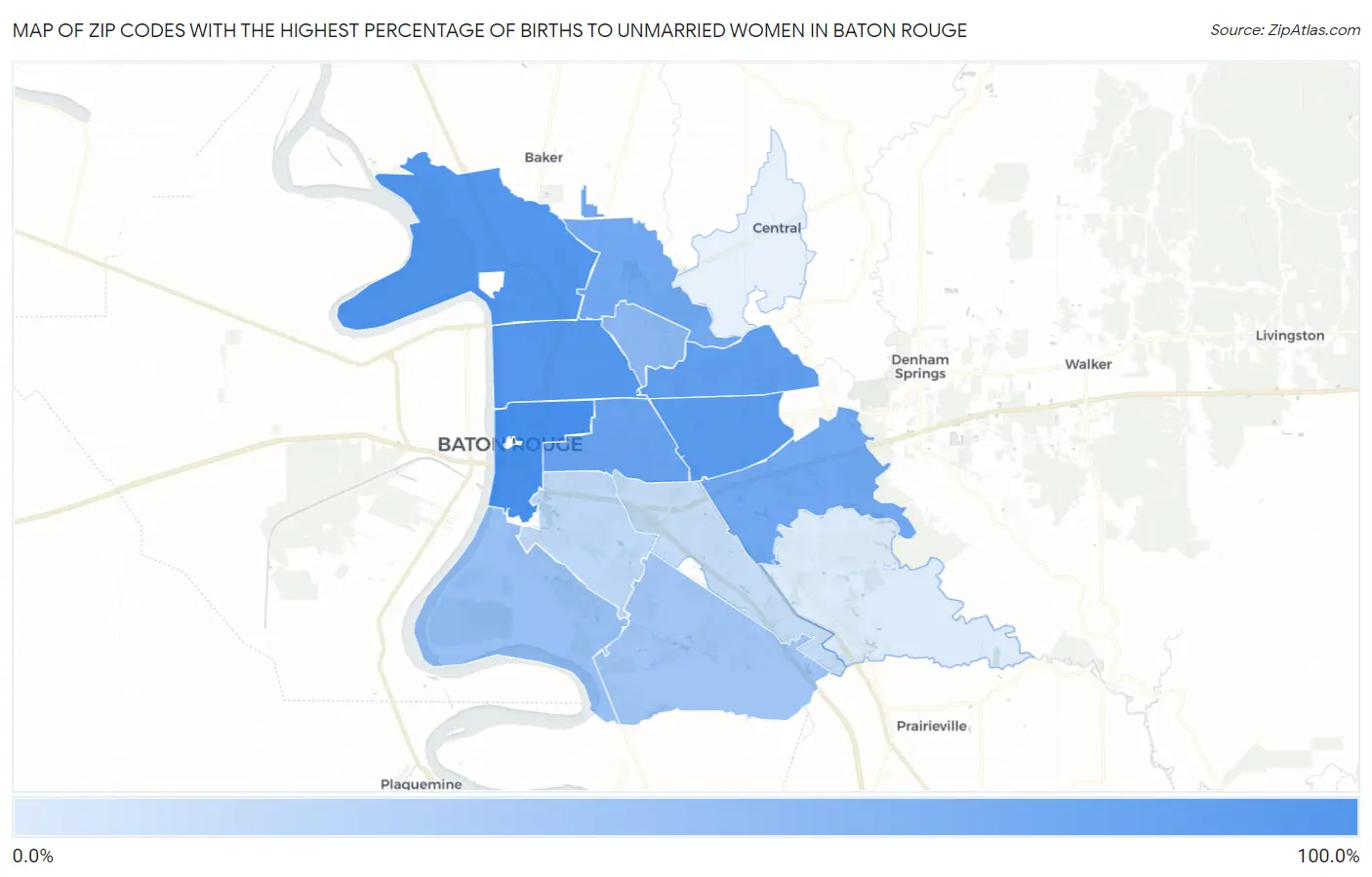 Zip Codes with the Highest Percentage of Births to Unmarried Women in Baton Rouge Map
