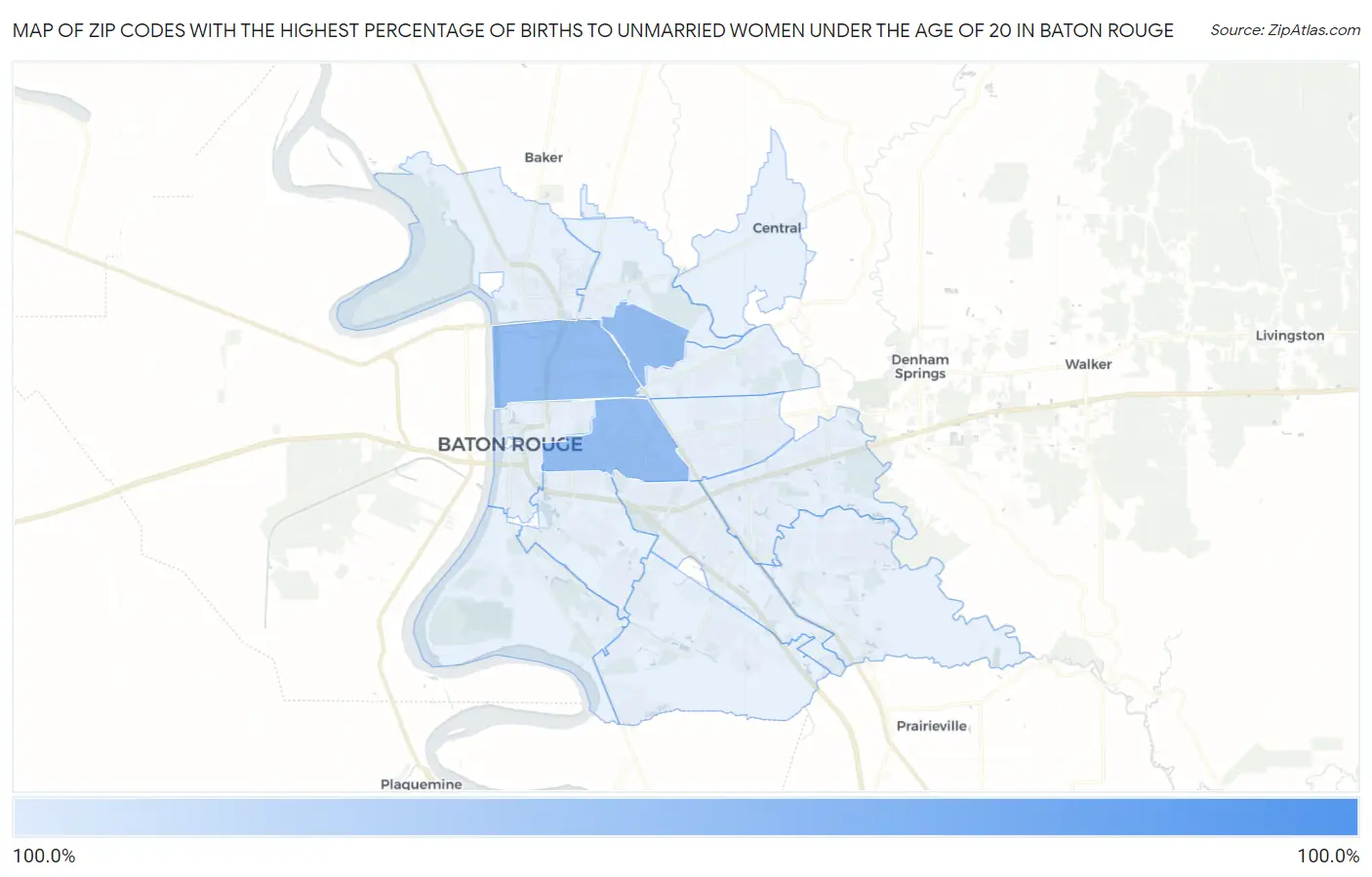 Zip Codes with the Highest Percentage of Births to Unmarried Women under the Age of 20 in Baton Rouge Map