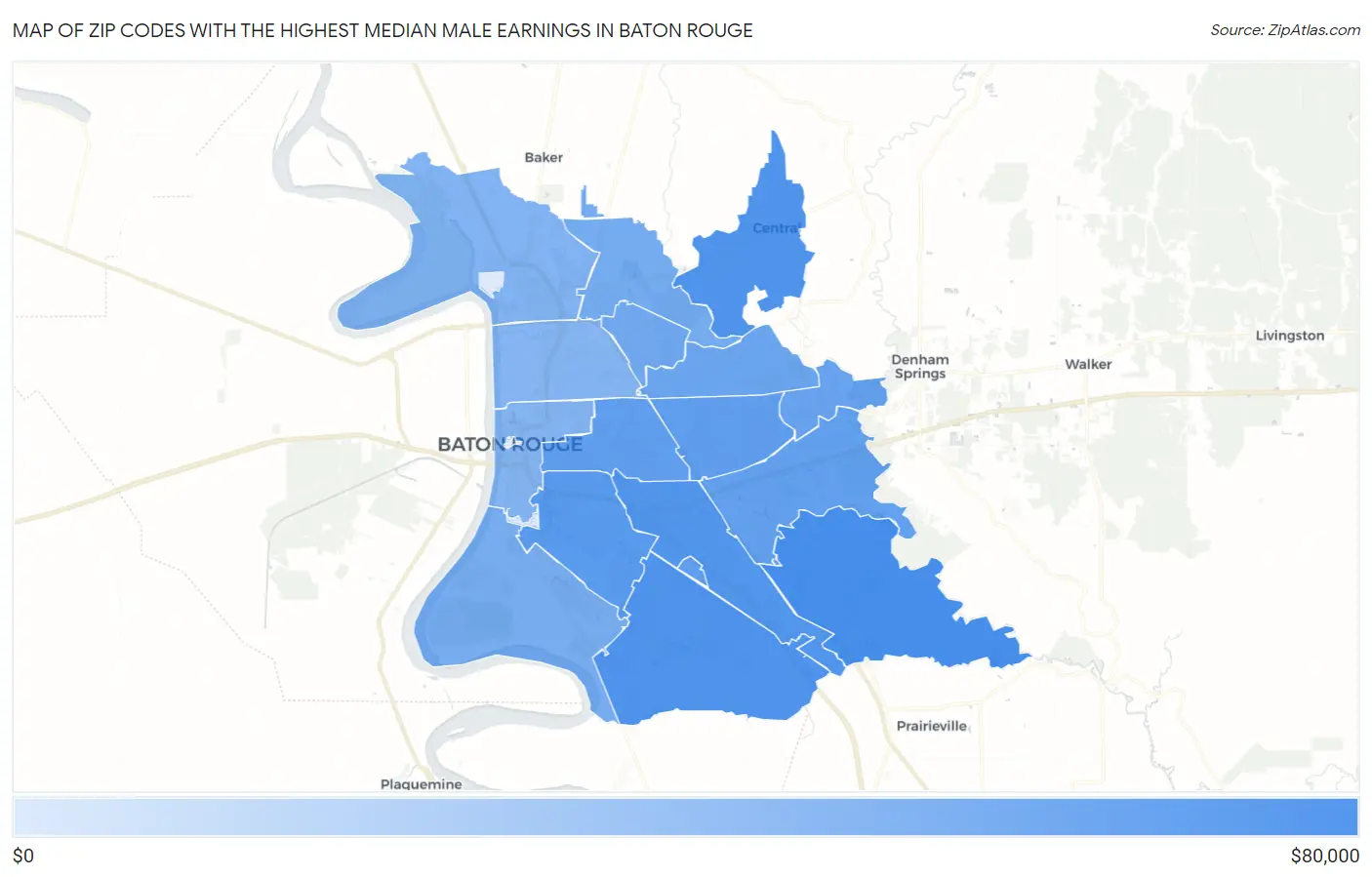 Zip Codes with the Highest Median Male Earnings in Baton Rouge Map