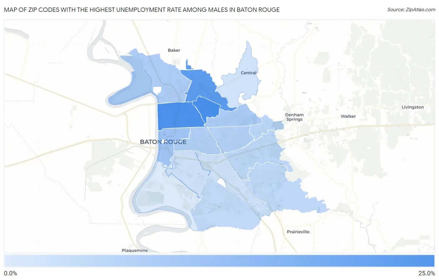 Zip Codes with the Highest Unemployment Rate Among Males in Baton Rouge Map