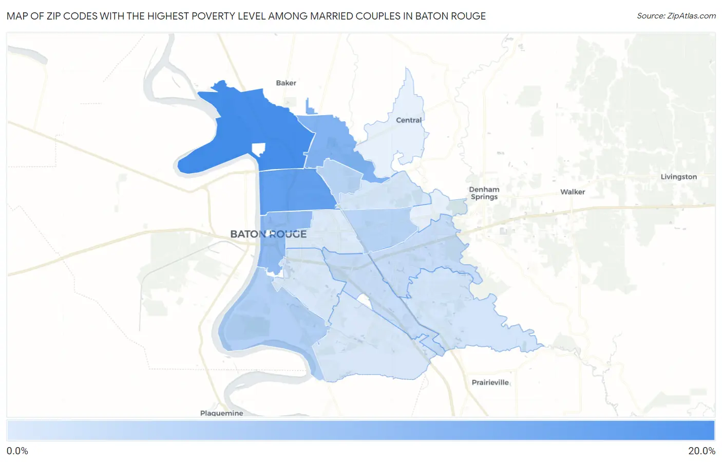 Zip Codes with the Highest Poverty Level Among Married Couples in Baton Rouge Map