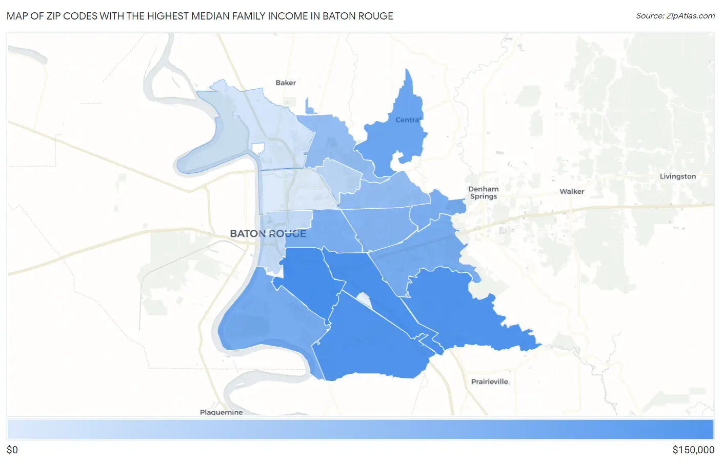 Zip Codes with the Highest Median Family Income in Baton Rouge Map