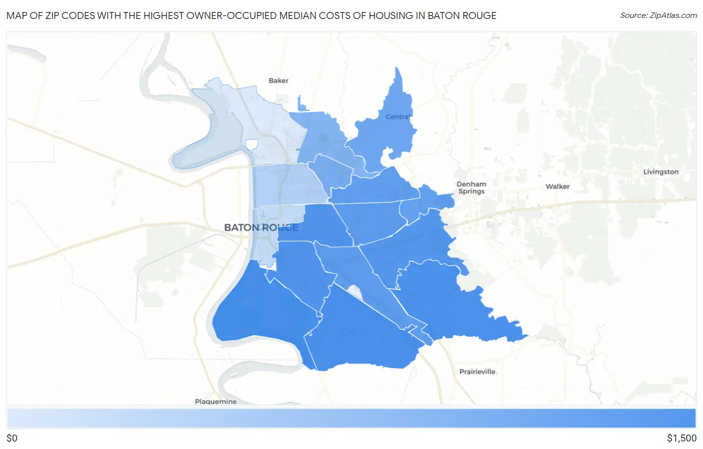 Zip Codes with the Highest Owner-Occupied Median Costs of Housing in Baton Rouge Map