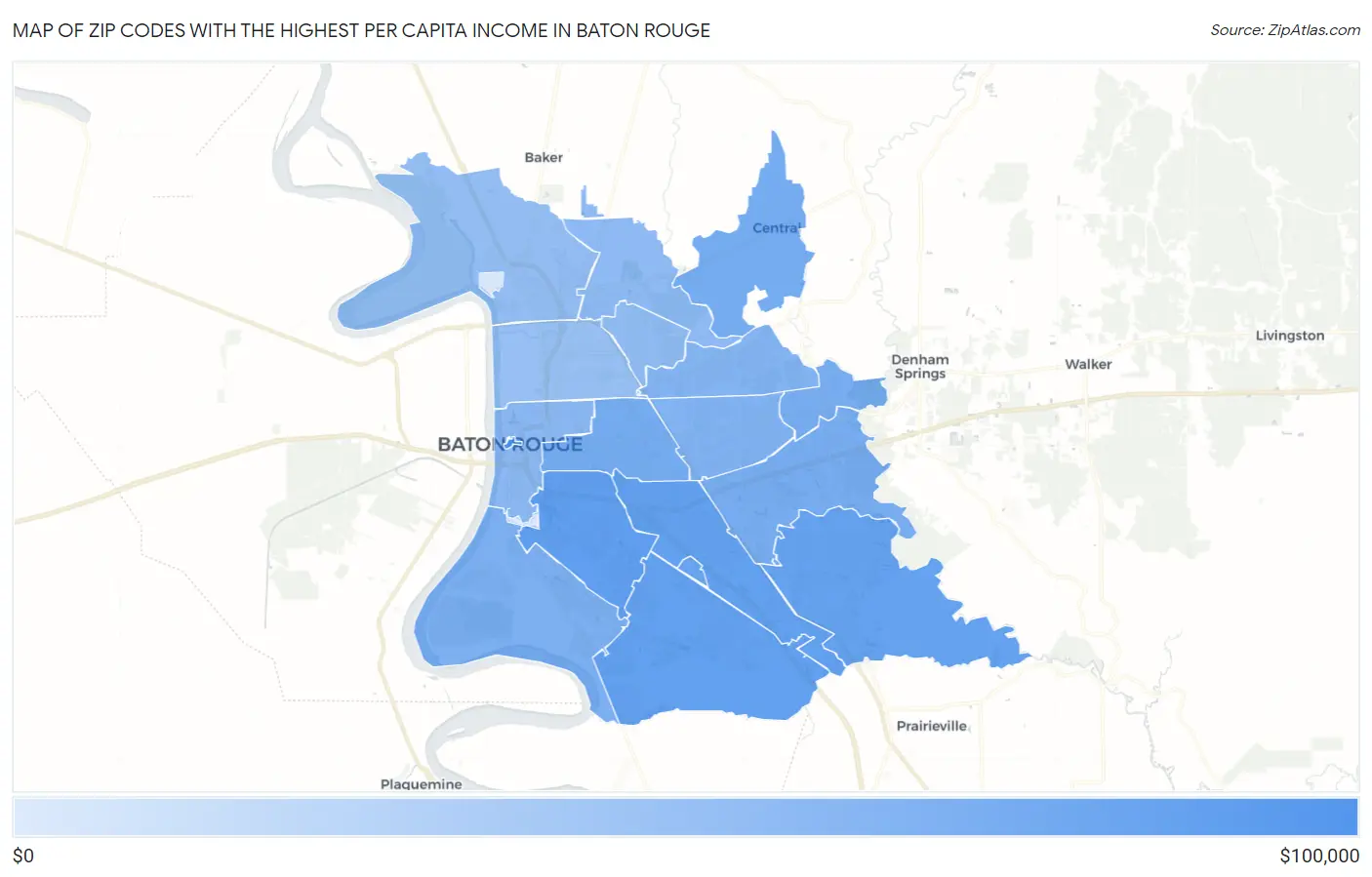 Zip Codes with the Highest Per Capita Income in Baton Rouge Map