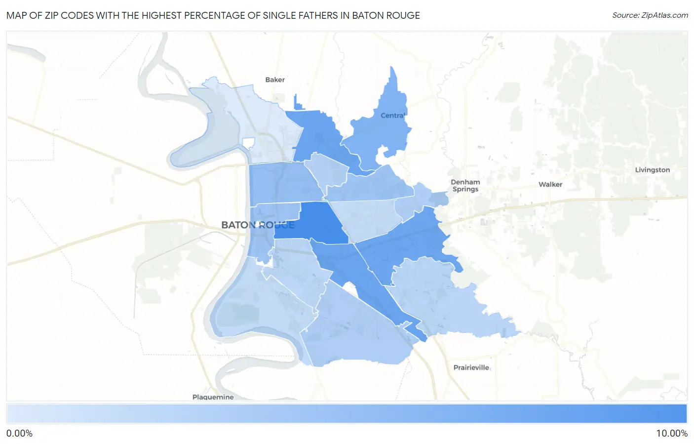 Zip Codes with the Highest Percentage of Single Fathers in Baton Rouge Map