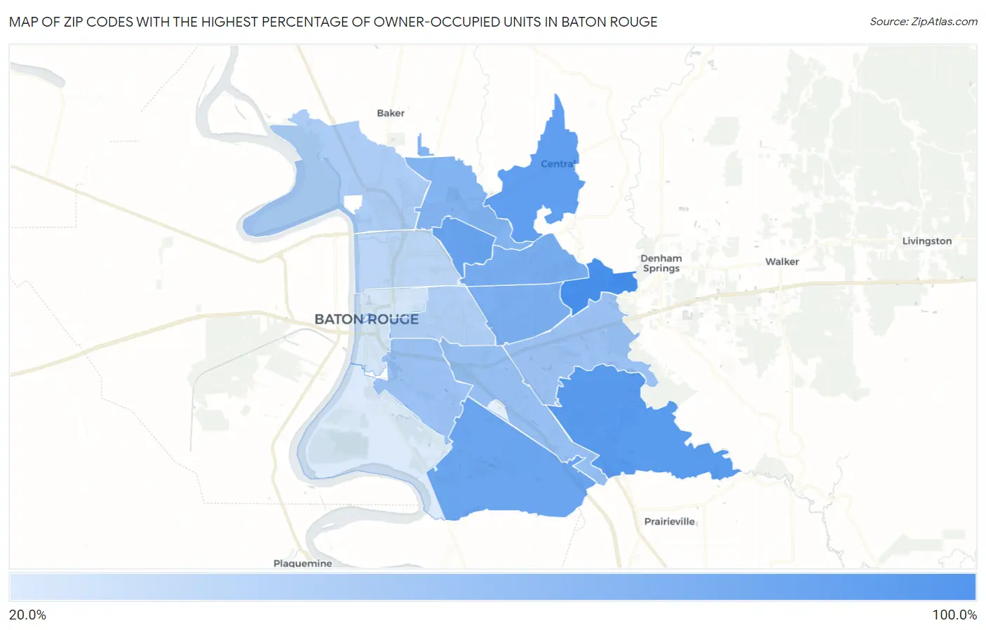 Zip Codes with the Highest Percentage of Owner-Occupied Units in Baton Rouge Map