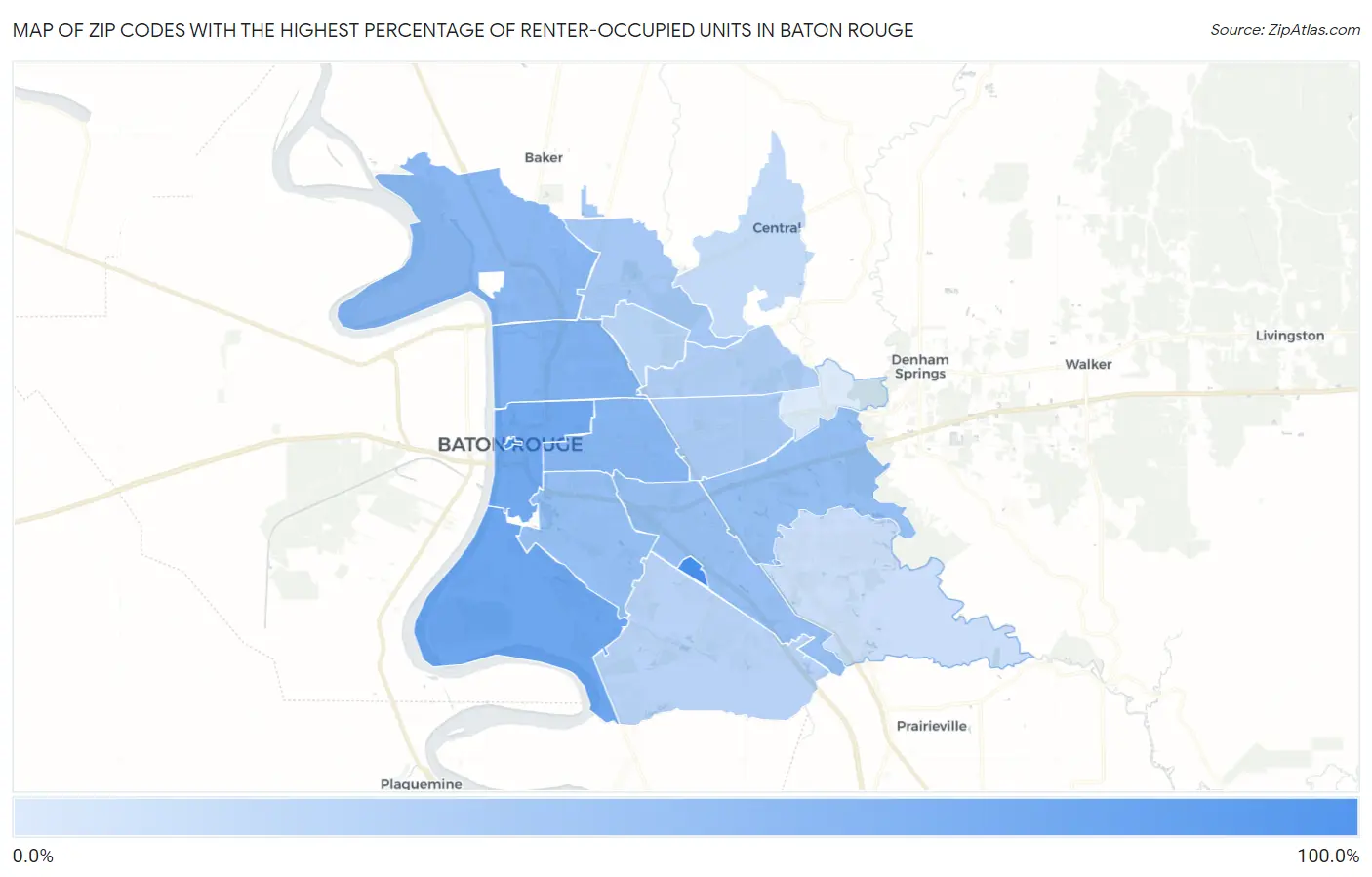 Zip Codes with the Highest Percentage of Renter-Occupied Units in Baton Rouge Map