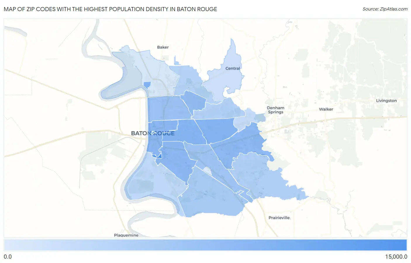 Zip Codes with the Highest Population Density in Baton Rouge Map