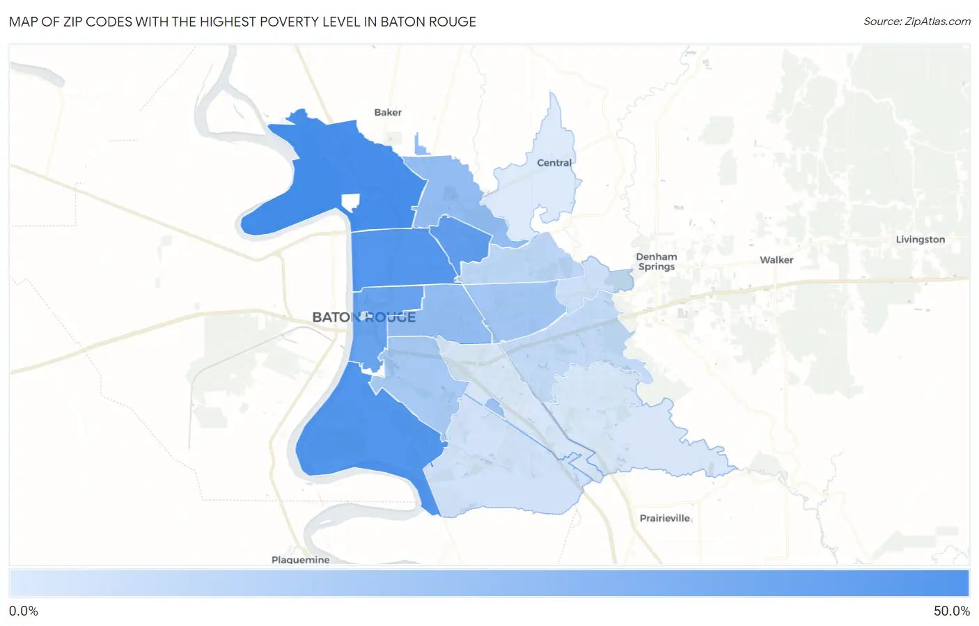 Zip Codes with the Highest Poverty Level in Baton Rouge Map
