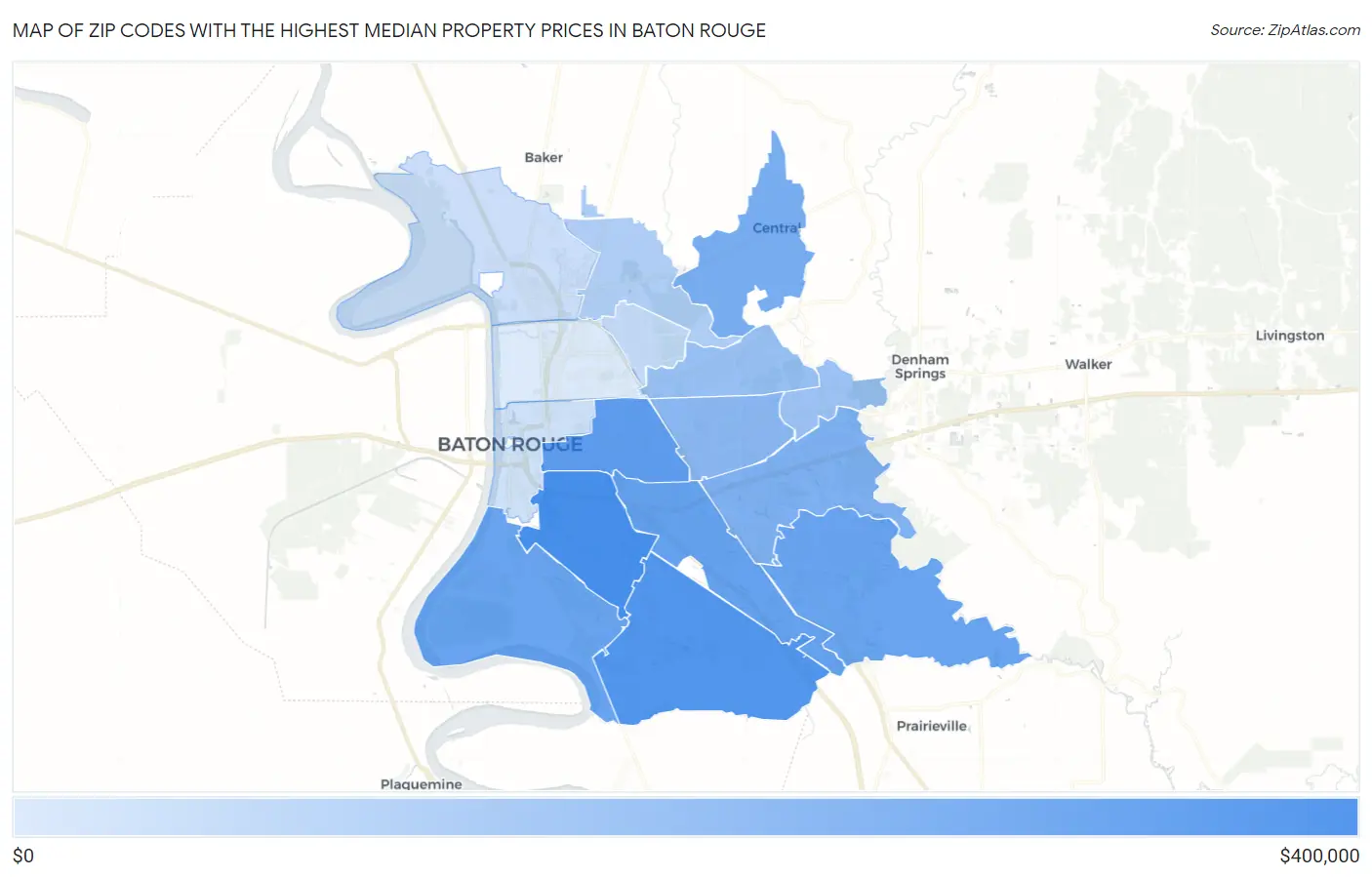 Zip Codes with the Highest Median Property Prices in Baton Rouge Map