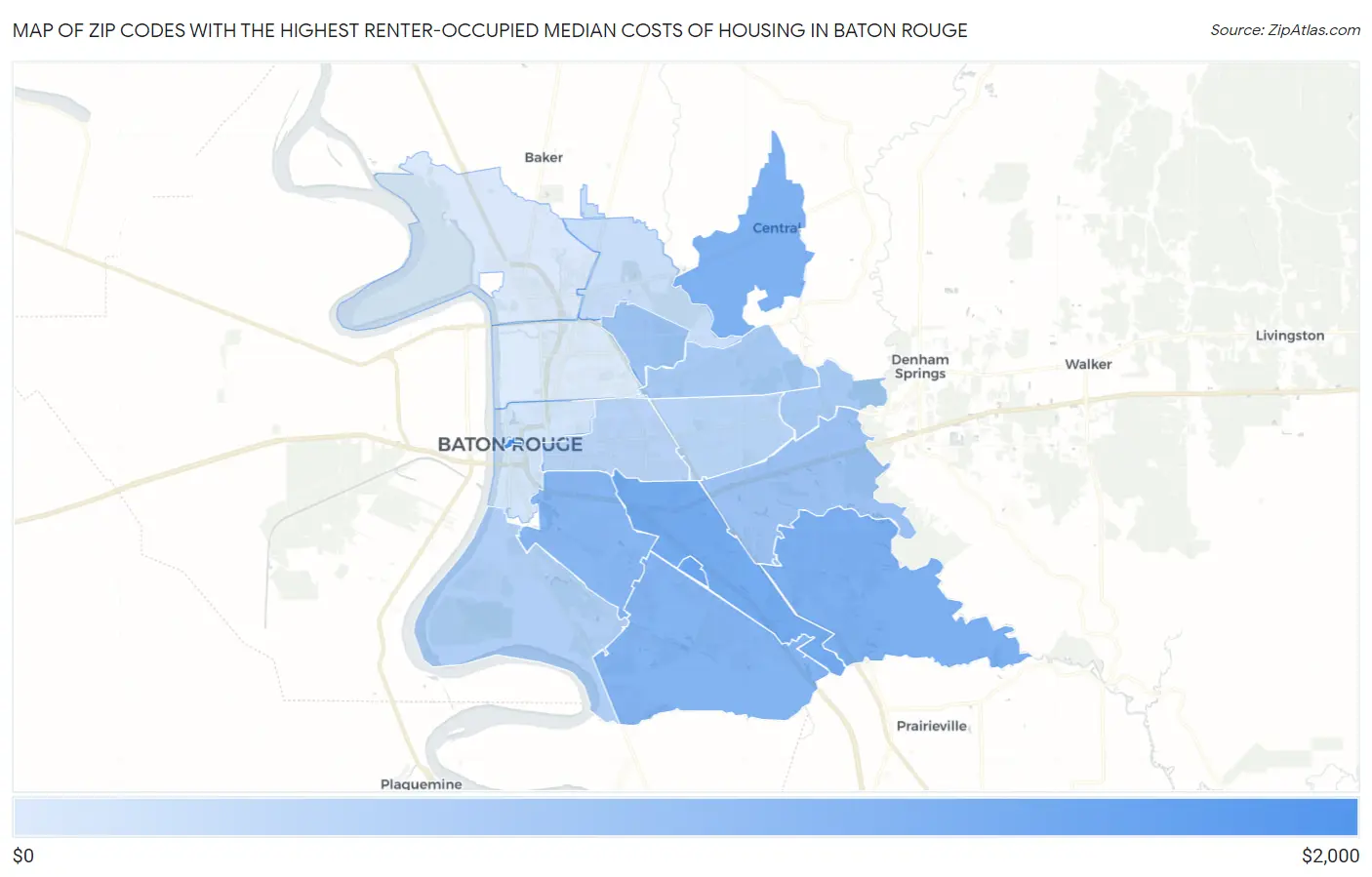 Zip Codes with the Highest Renter-Occupied Median Costs of Housing in Baton Rouge Map