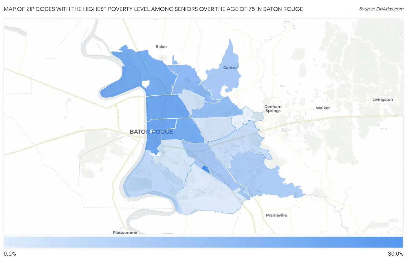 Zip Codes with the Highest Poverty Level Among Seniors Over the Age of 75 in Baton Rouge Map