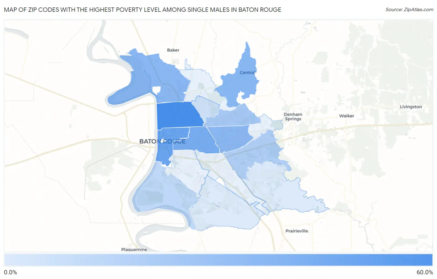 Zip Codes with the Highest Poverty Level Among Single Males in Baton Rouge Map