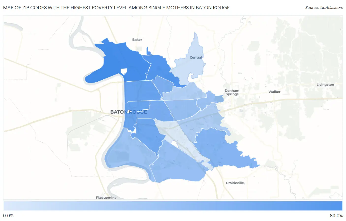 Zip Codes with the Highest Poverty Level Among Single Mothers in Baton Rouge Map