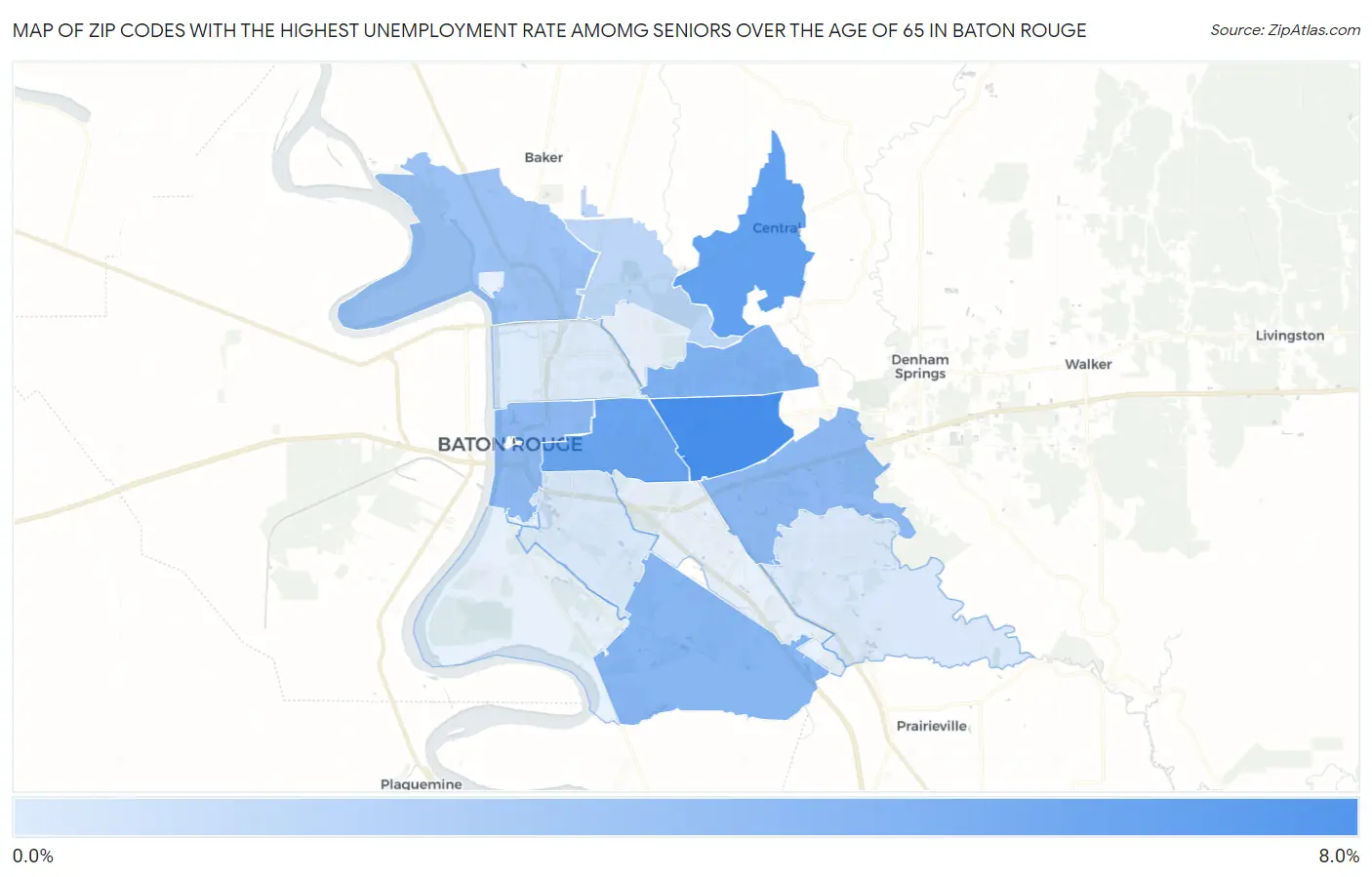 Zip Codes with the Highest Unemployment Rate Amomg Seniors Over the Age of 65 in Baton Rouge Map