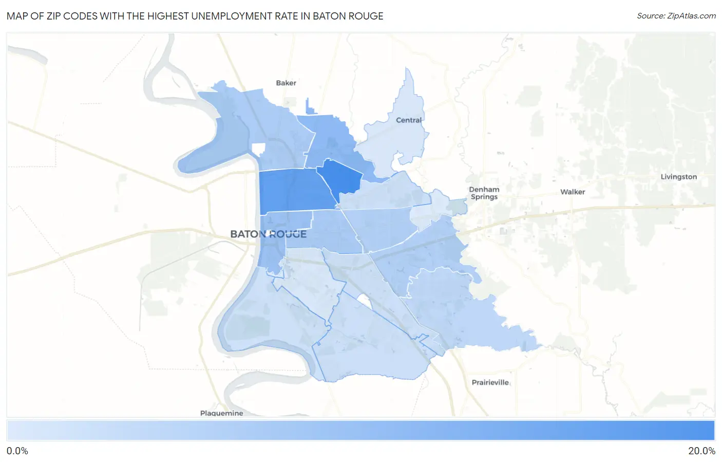 Zip Codes with the Highest Unemployment Rate in Baton Rouge Map