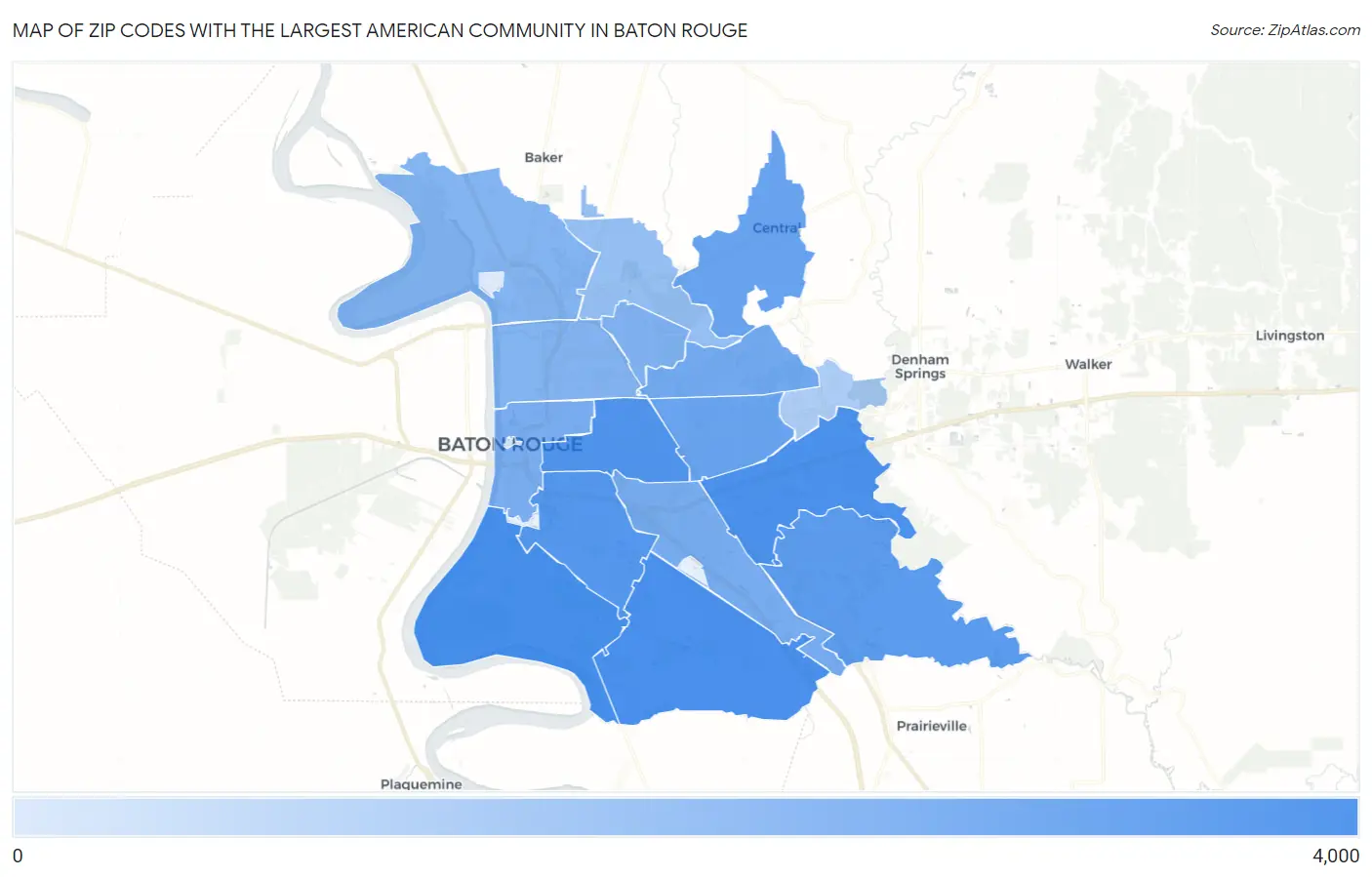 Zip Codes with the Largest American Community in Baton Rouge Map