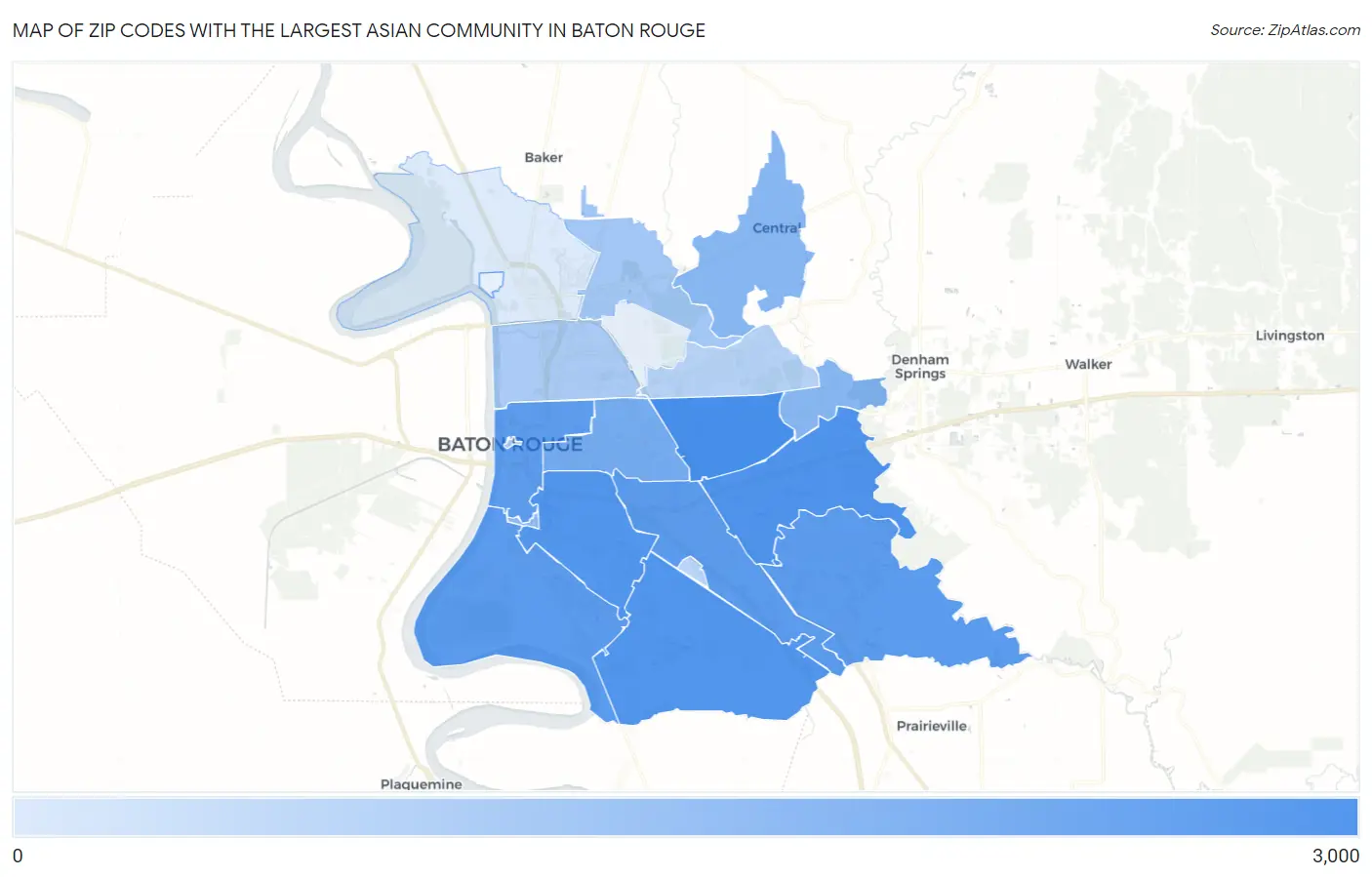 Zip Codes with the Largest Asian Community in Baton Rouge Map