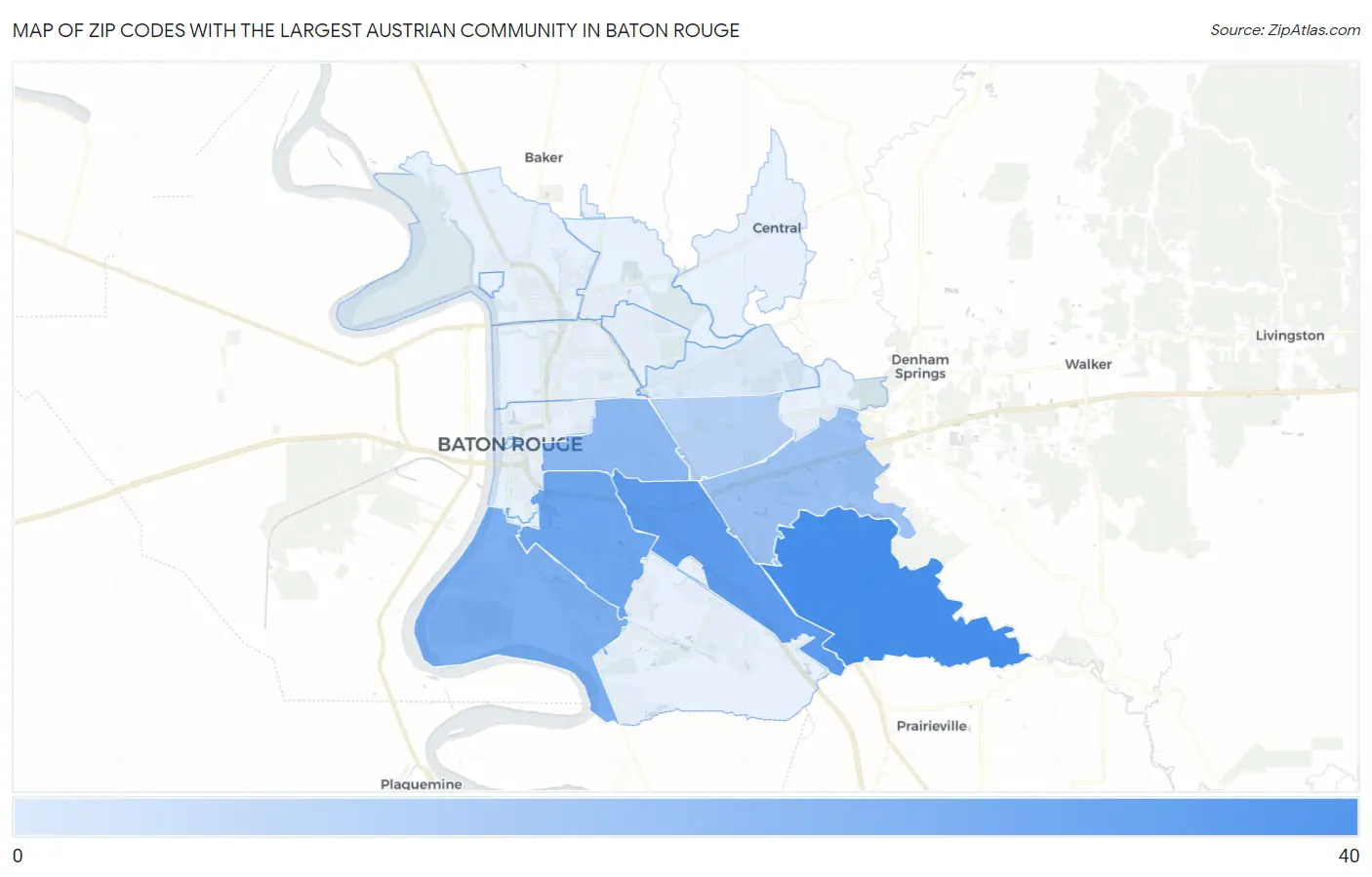 Zip Codes with the Largest Austrian Community in Baton Rouge Map
