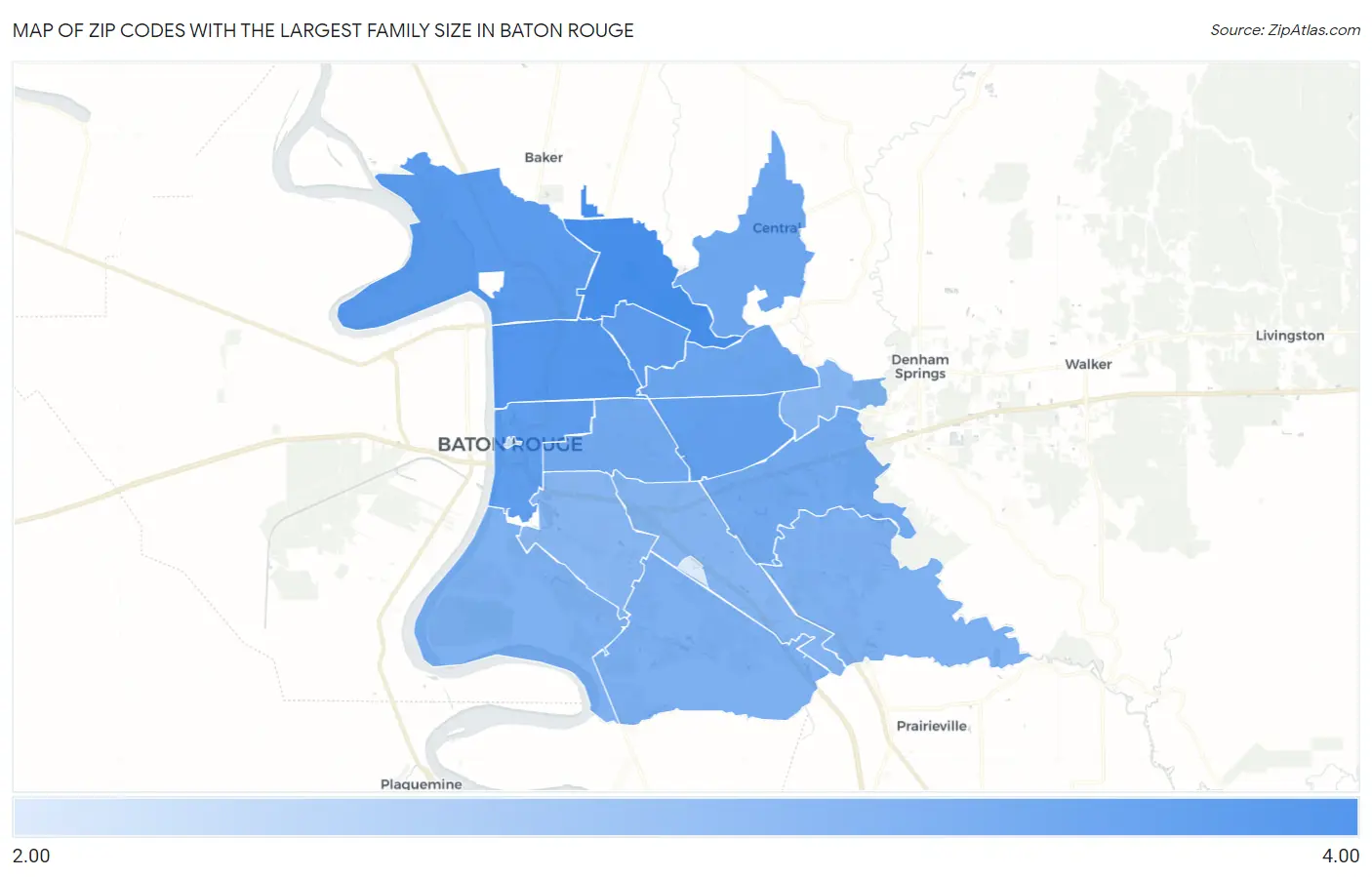Zip Codes with the Largest Family Size in Baton Rouge Map