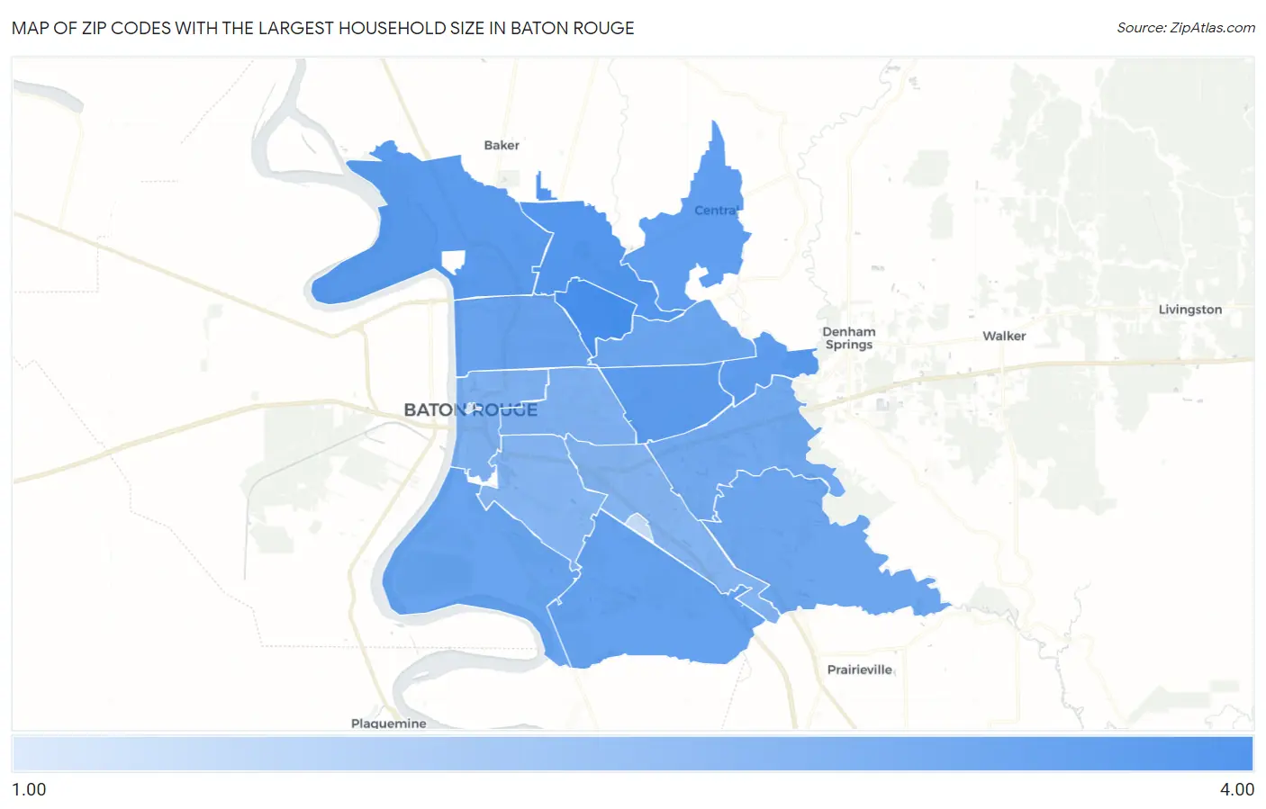 Zip Codes with the Largest Household Size in Baton Rouge Map
