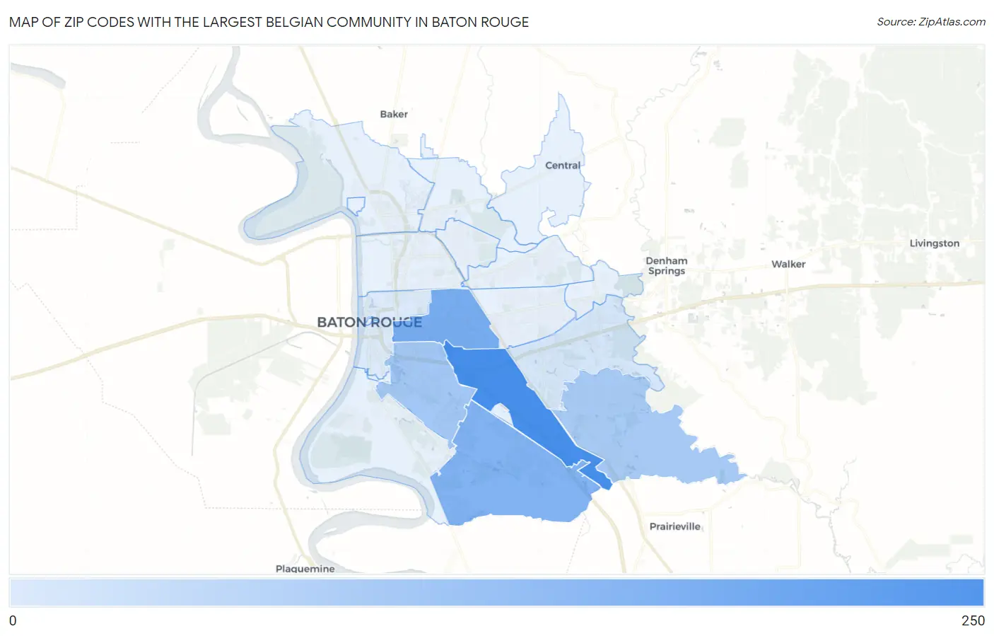 Zip Codes with the Largest Belgian Community in Baton Rouge Map