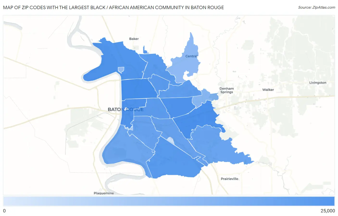 Zip Codes with the Largest Black / African American Community in Baton Rouge Map