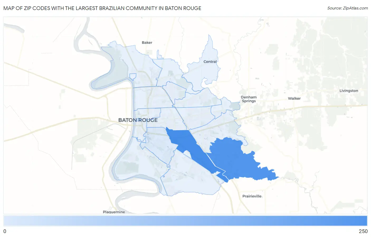 Zip Codes with the Largest Brazilian Community in Baton Rouge Map