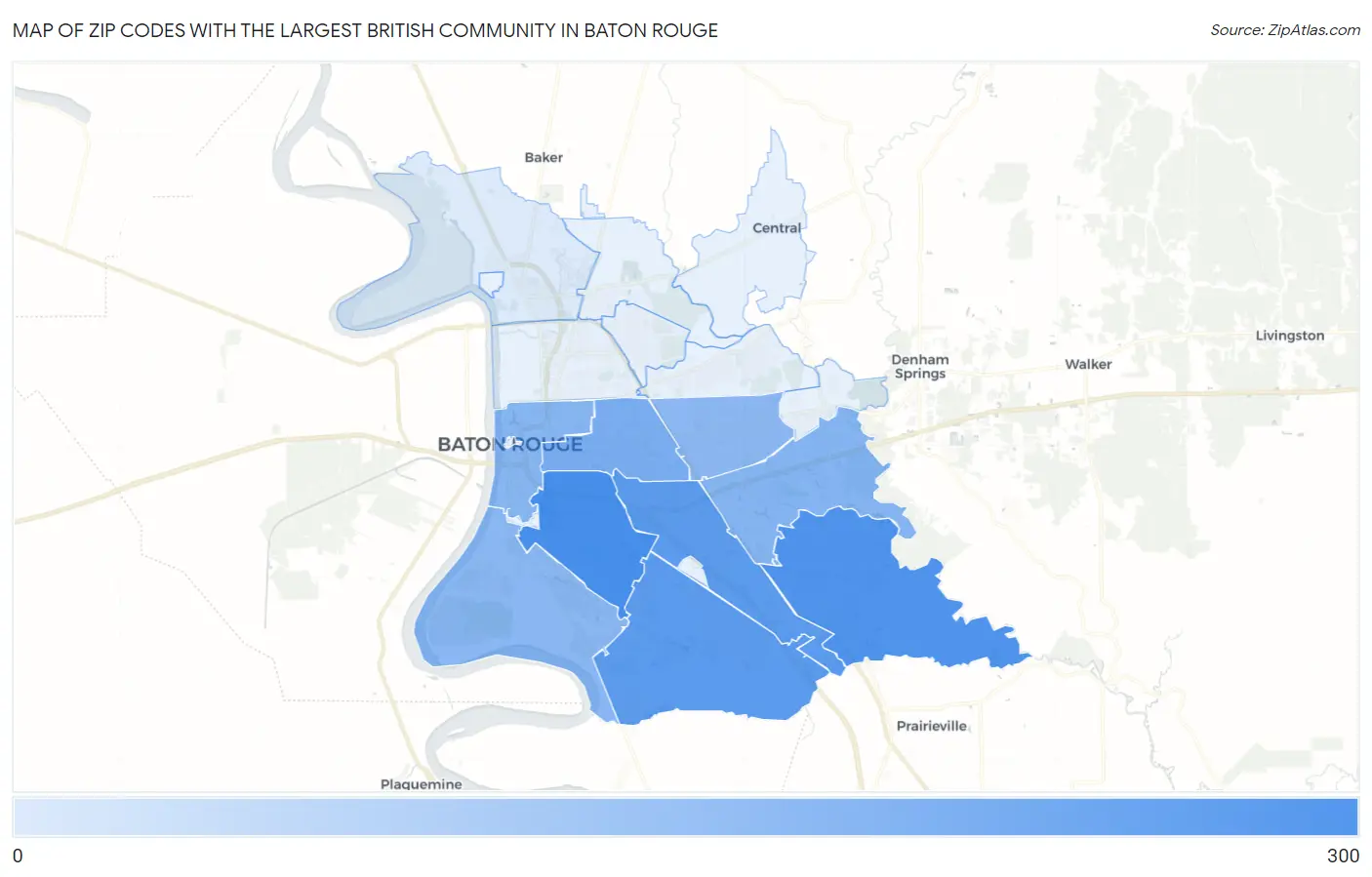 Zip Codes with the Largest British Community in Baton Rouge Map