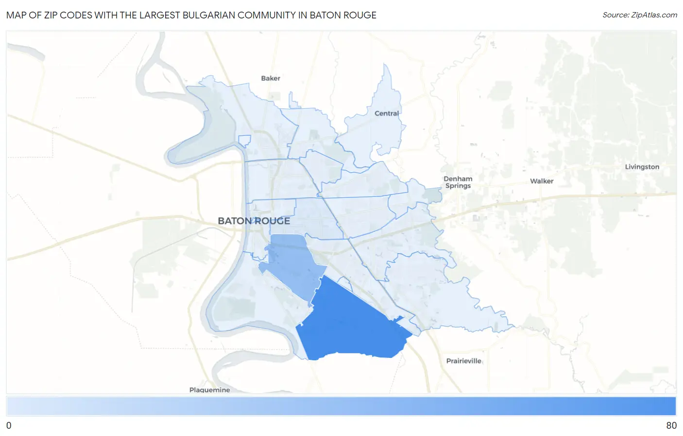 Zip Codes with the Largest Bulgarian Community in Baton Rouge Map