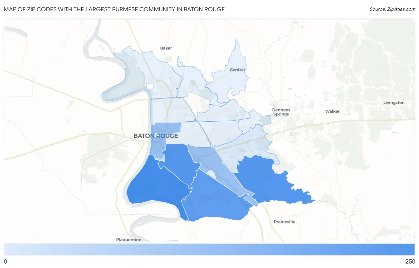 Zip Codes with the Largest Burmese Community in Baton Rouge Map