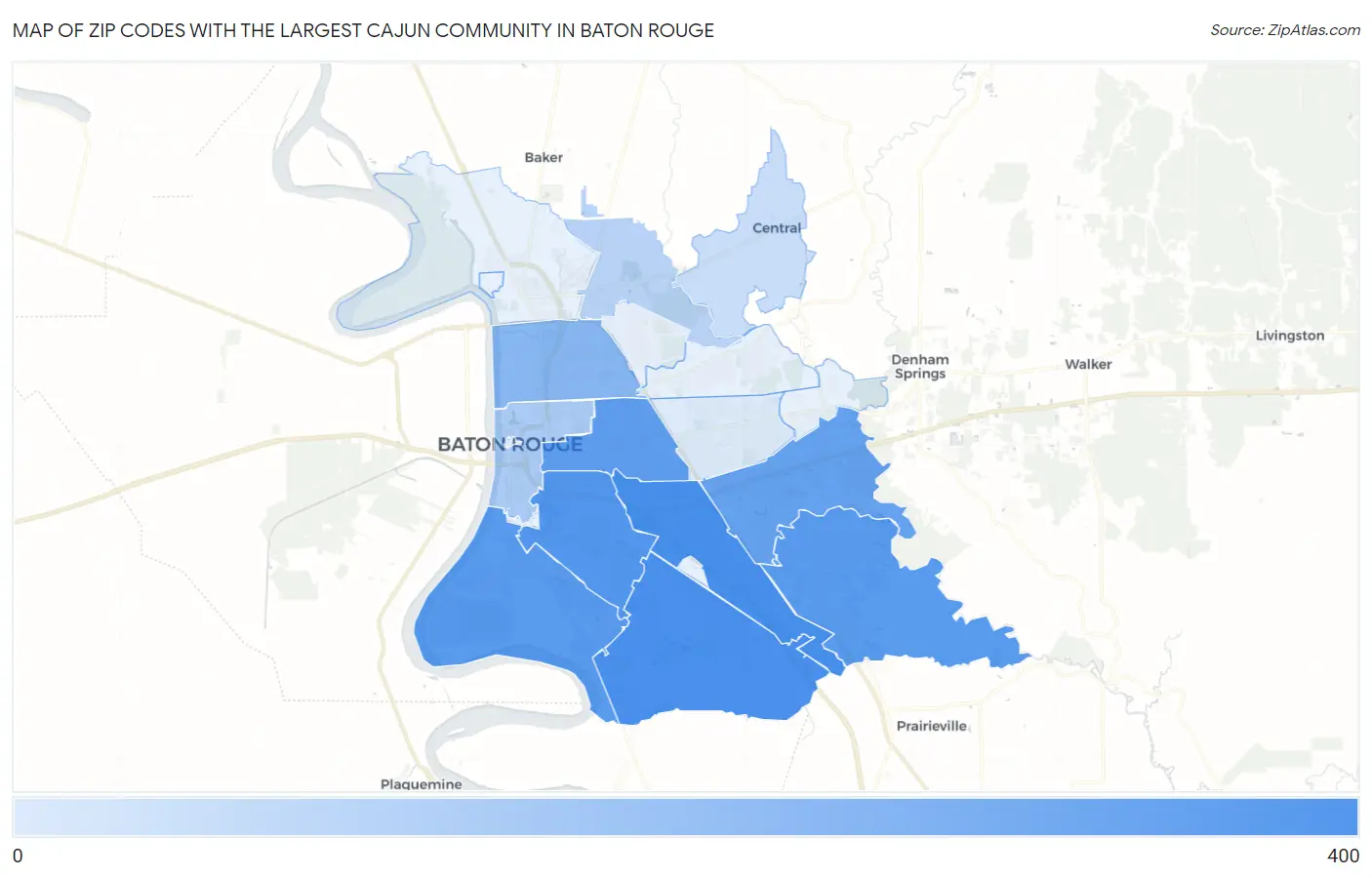 Zip Codes with the Largest Cajun Community in Baton Rouge Map