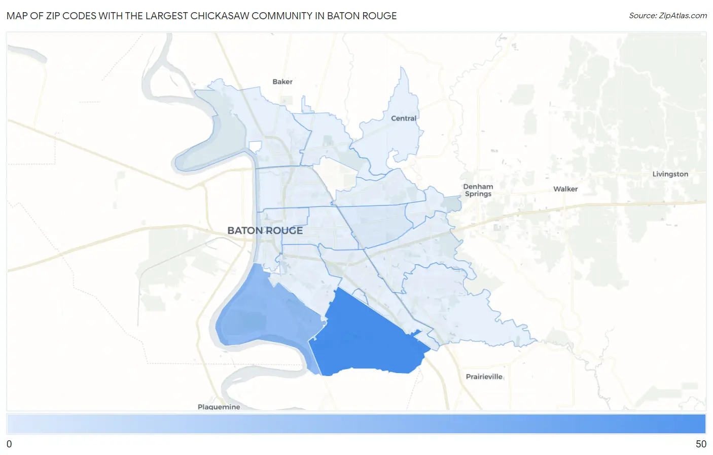 Zip Codes with the Largest Chickasaw Community in Baton Rouge Map