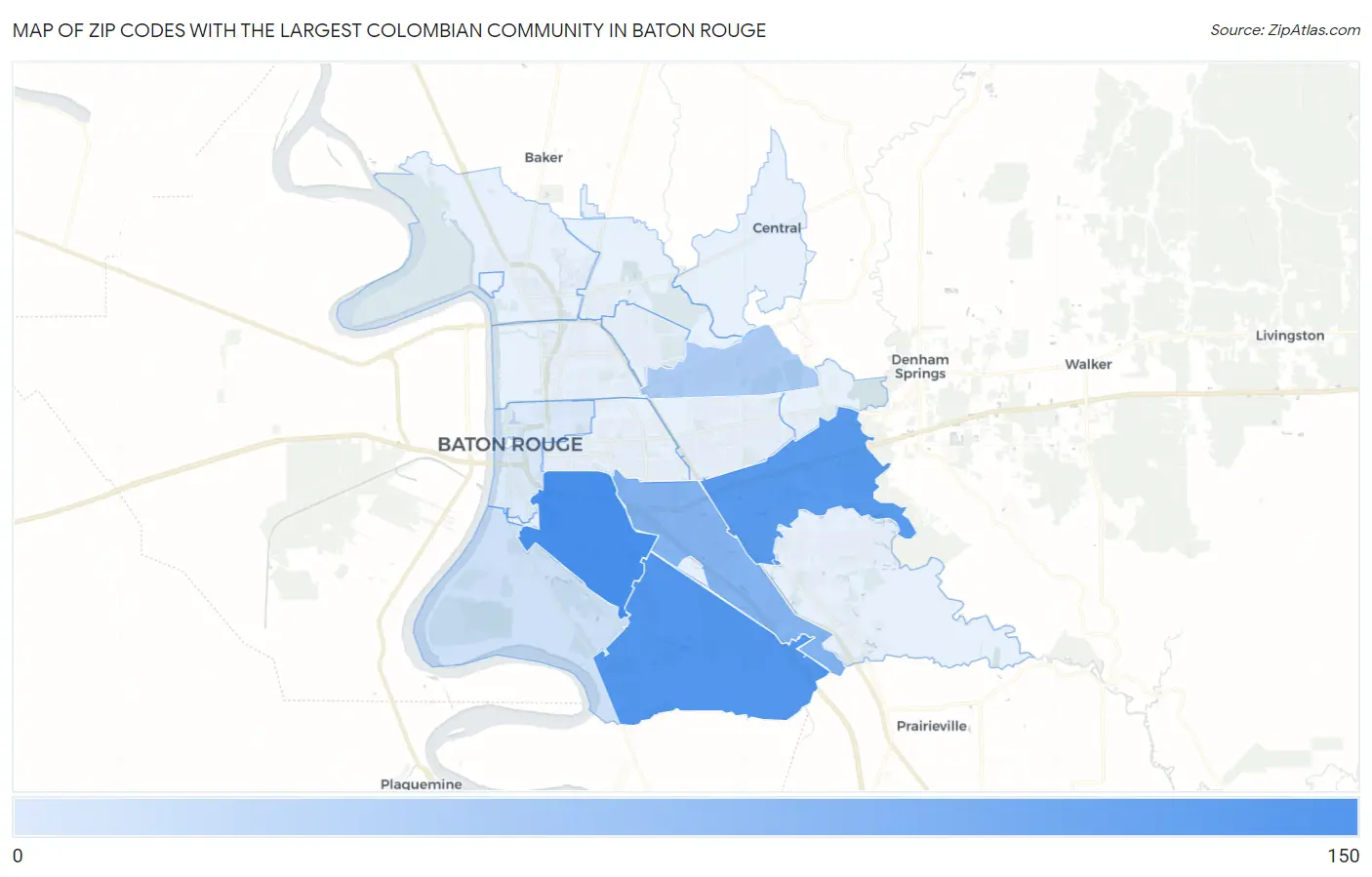 Zip Codes with the Largest Colombian Community in Baton Rouge Map