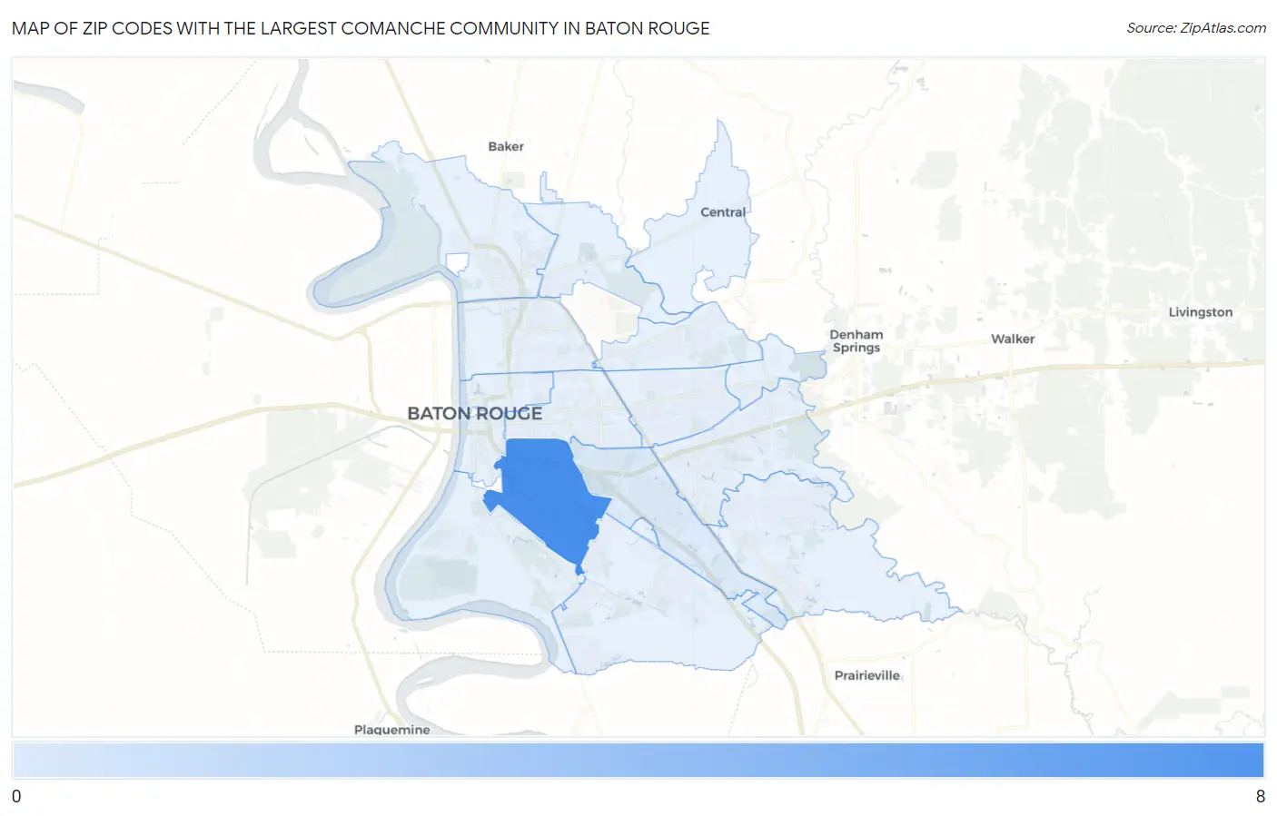Zip Codes with the Largest Comanche Community in Baton Rouge Map