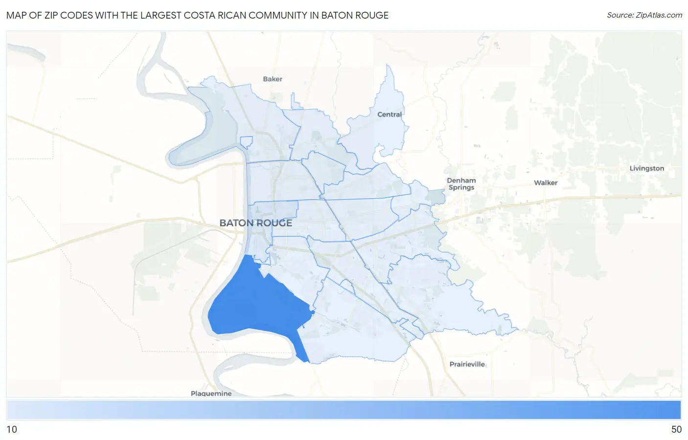 Zip Codes with the Largest Costa Rican Community in Baton Rouge Map