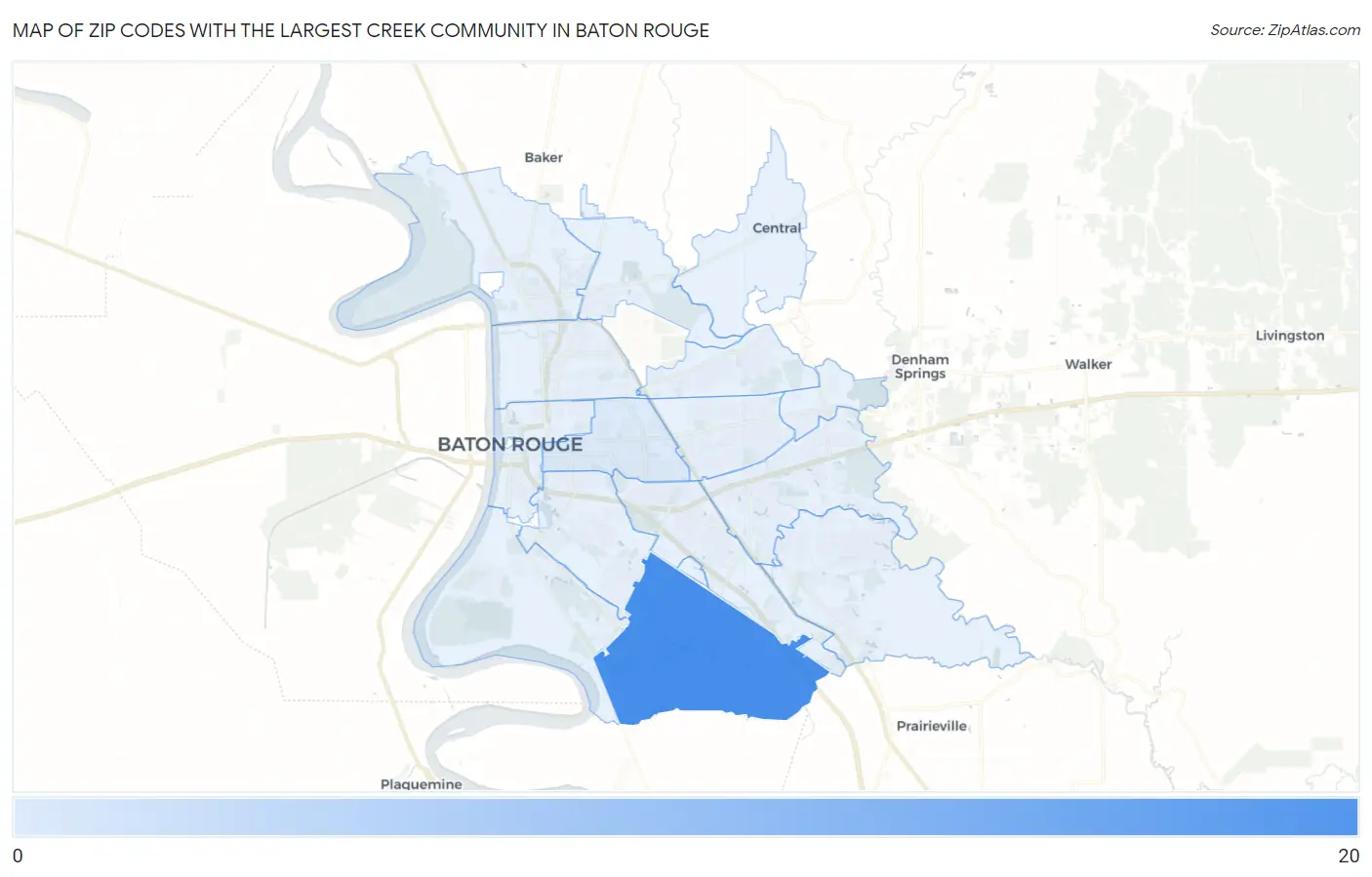 Zip Codes with the Largest Creek Community in Baton Rouge Map