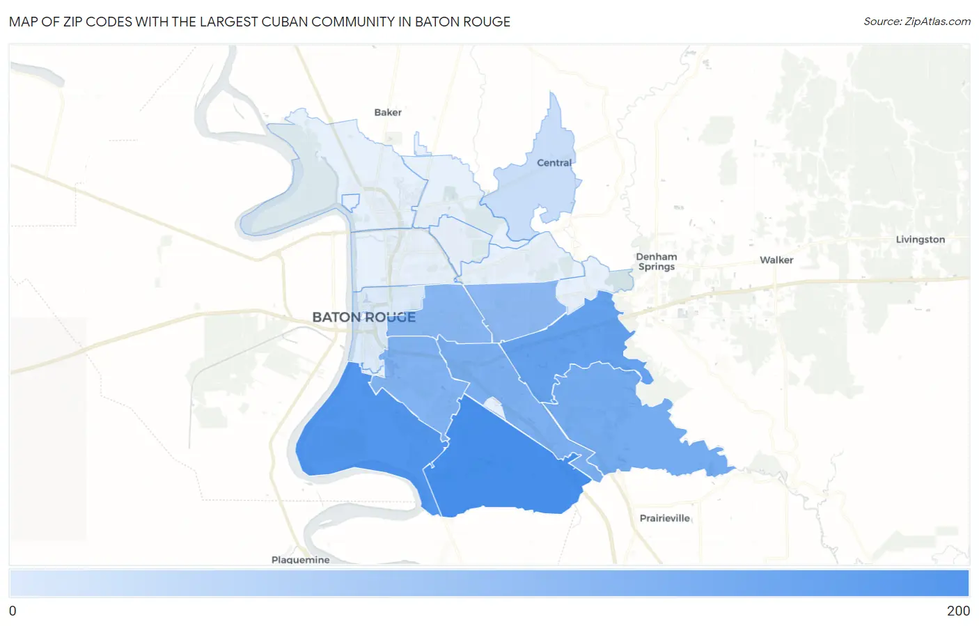 Zip Codes with the Largest Cuban Community in Baton Rouge Map