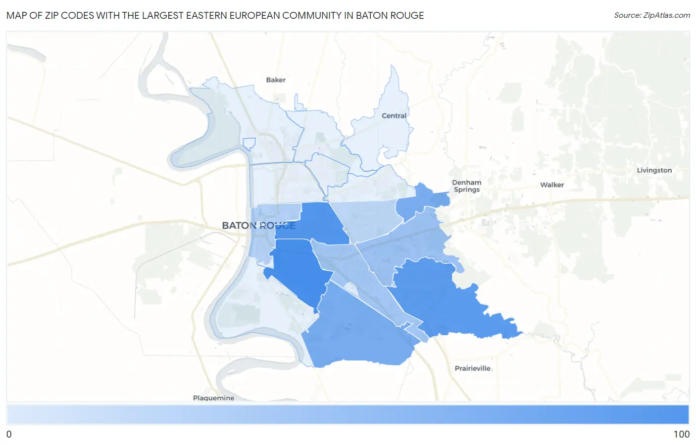 Zip Codes with the Largest Eastern European Community in Baton Rouge Map