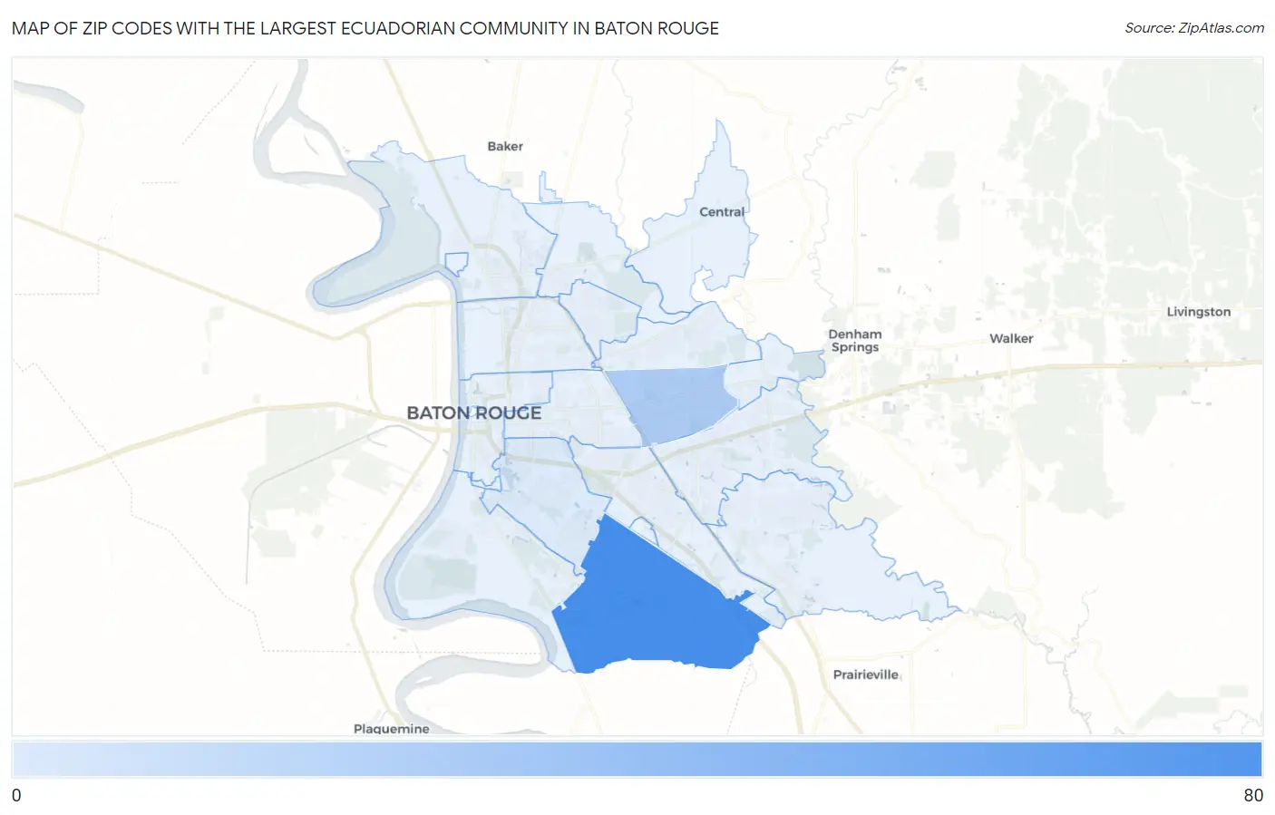 Zip Codes with the Largest Ecuadorian Community in Baton Rouge Map