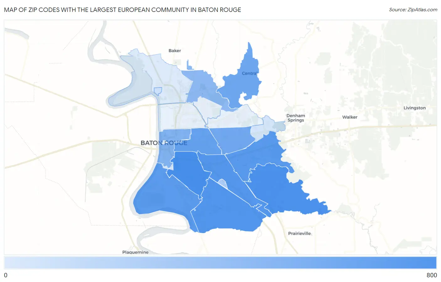 Zip Codes with the Largest European Community in Baton Rouge Map