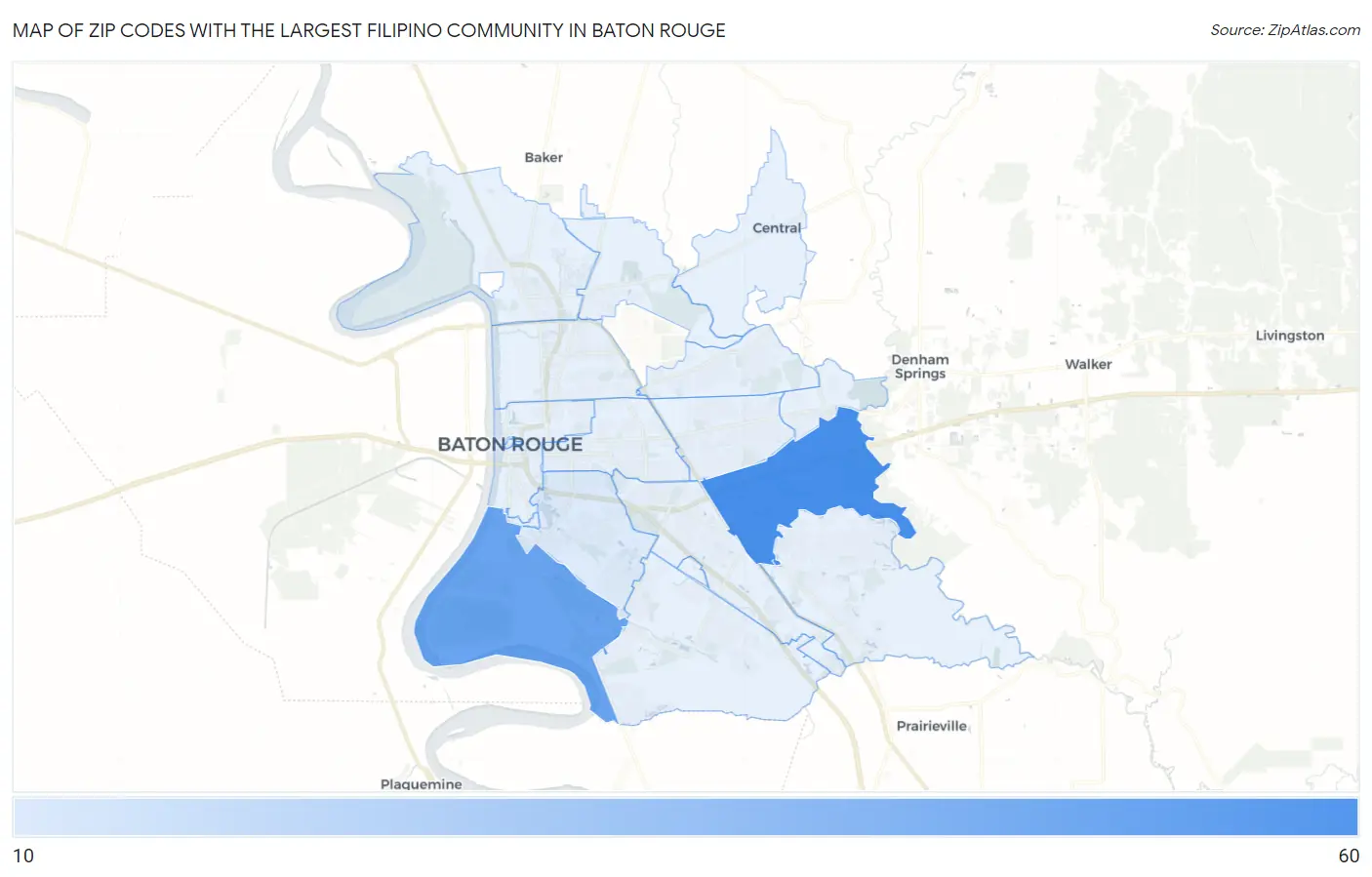 Zip Codes with the Largest Filipino Community in Baton Rouge Map
