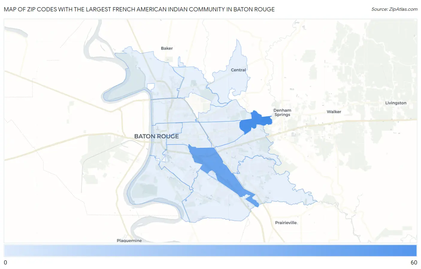 Zip Codes with the Largest French American Indian Community in Baton Rouge Map