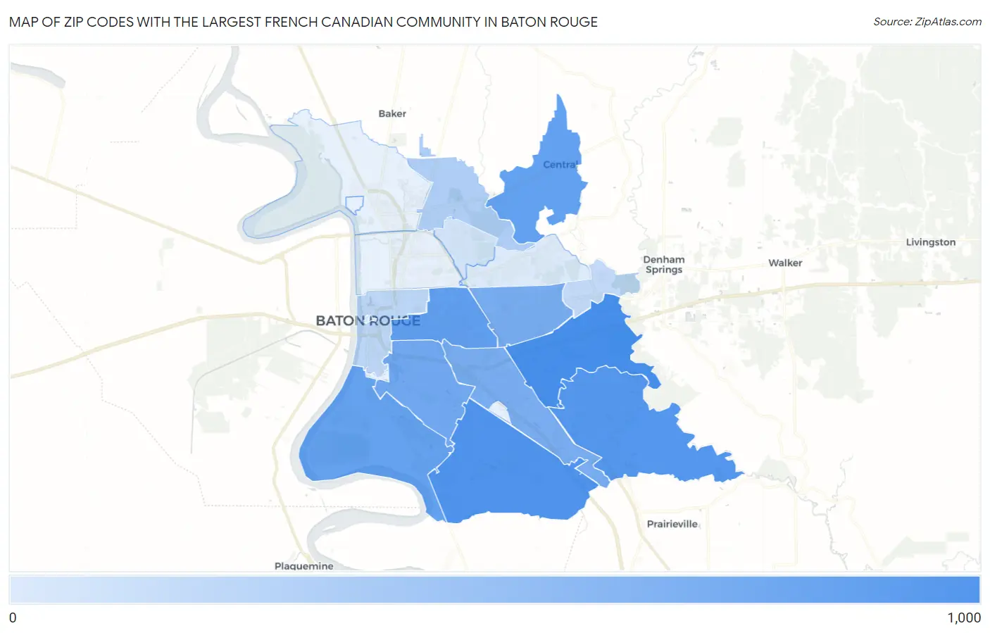 Zip Codes with the Largest French Canadian Community in Baton Rouge Map