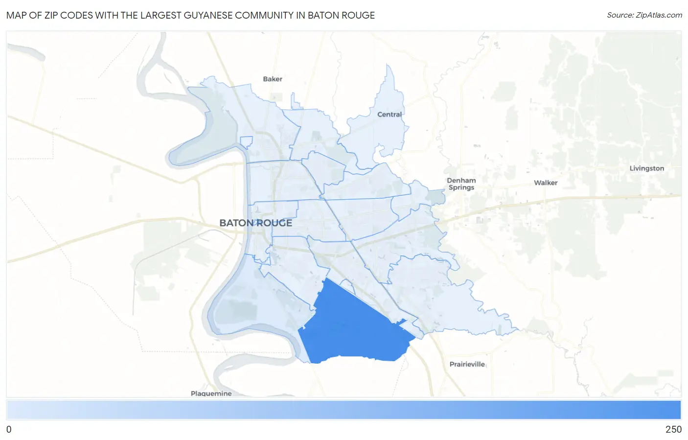 Zip Codes with the Largest Guyanese Community in Baton Rouge Map